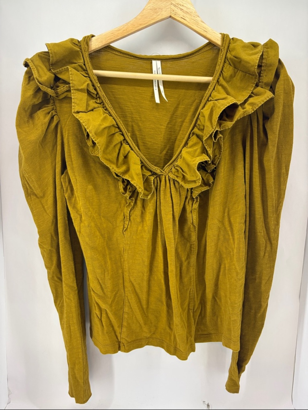 Anthropologie Women's Ruffled V-Neck Long Sleeve Top - Olive
